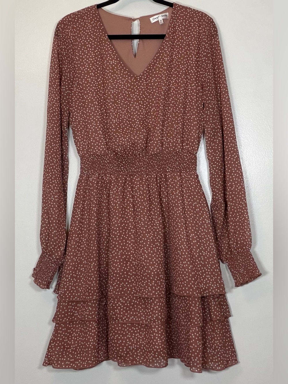 Emerald Sundae Dusty Rose Polka Dot Long Sleeve Tiered Dress